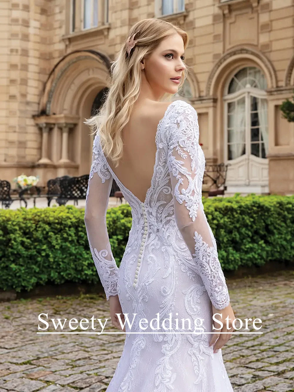 الدانتيل حورية البحر فستان الزفاف مخصص كامل الأكمام الخامس الرقبة مفتوحة الظهر سويب تراين امرأة العروس فستان زفاف رداء دي ماري