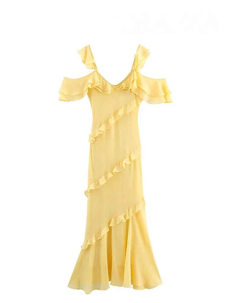 HH verão moda feminina vestidos gola quadrada sem mangas sem costas em camadas decoração feminina estilo praia vestido longo amarelo