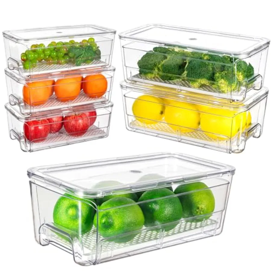

6 Pack Stackable Pull-Out Fridge Organizer Drawers Clear Refrigerator Drawer with Lids Fridge Stackable Storage Drawers for Veg