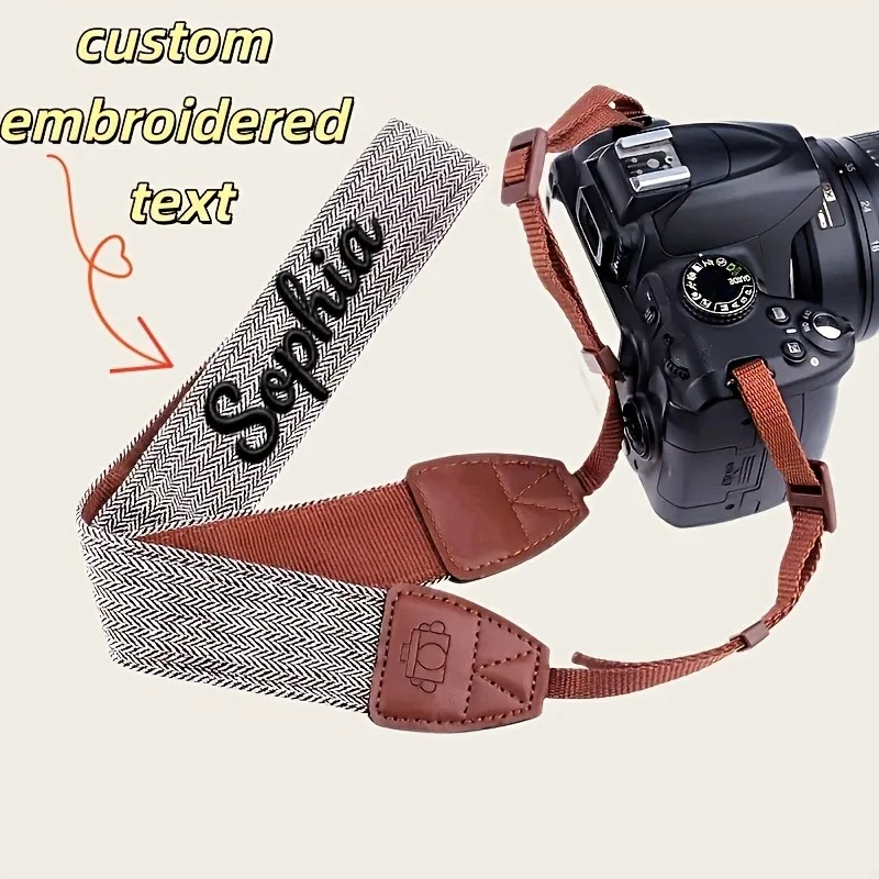 Se Puede Personalizar con Nombres Bordados u Otro Contenido, Correa de Cámara Ajustable de Cuero PU Personalizada, Patrón Vintage de Espiga, Universal para Cámaras DSLR, Mirrorless, Canon, Nikon, Sony. Regalo para fotógrafos, para fotografías cotidianas, 