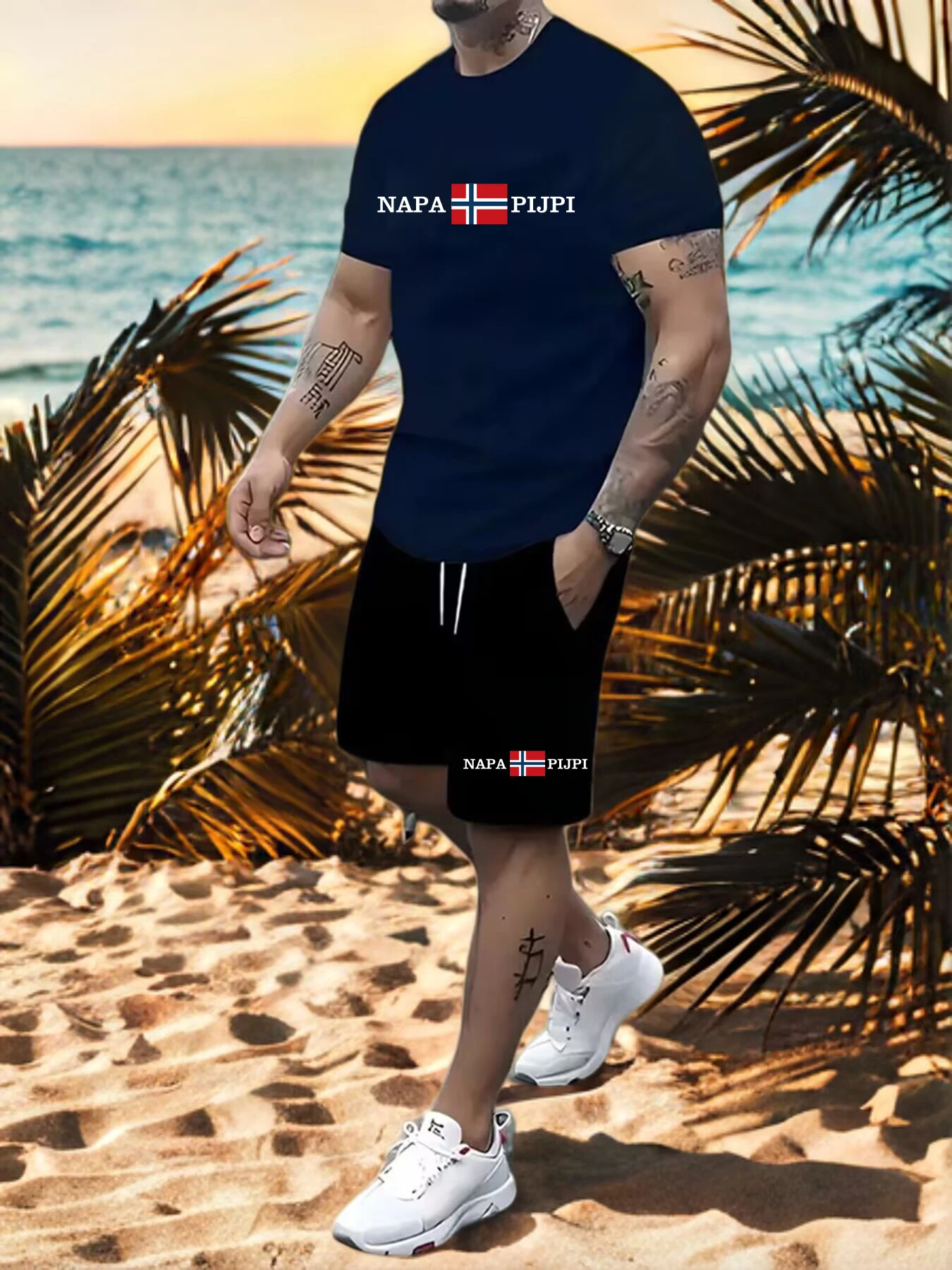 

2025 Summer New Two Piece Suit Men's Casual Pattern Printed Short Sleeve T-shirt and Sports Shorts Set Sports Set Fitness Lightw