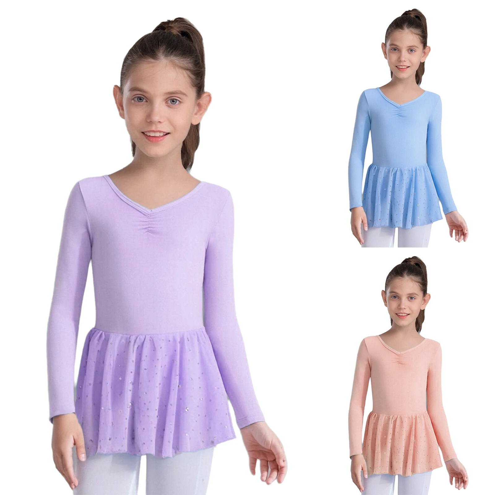 Vestidos de calentamiento de baile de Ballet para niñas, vestido de lentejuelas de manga larga fruncido frontal para práctica de calentamiento, leotardos de baile