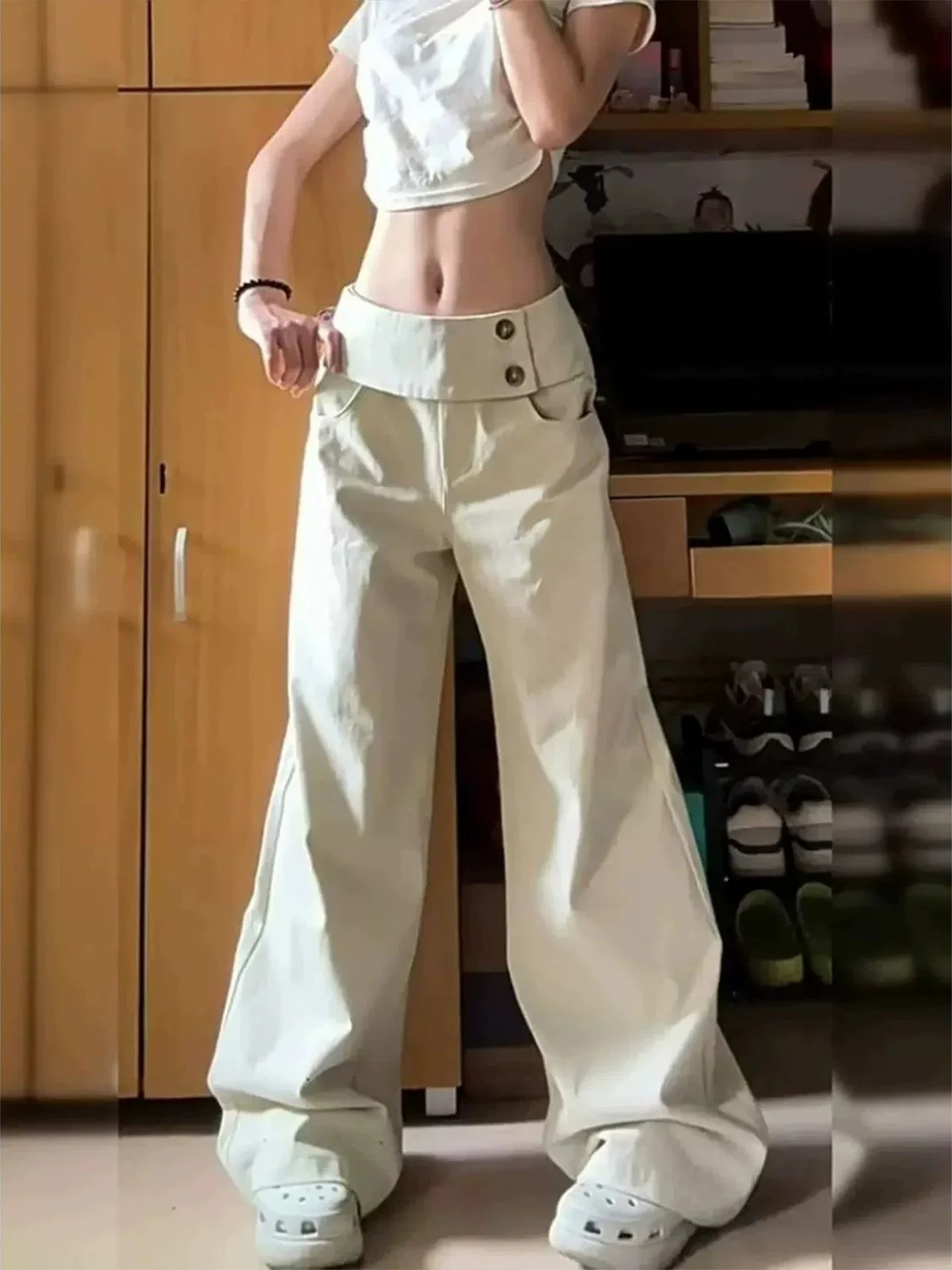 Retro Khaki Wide Leg Denim Pants Women's Early Autumn Loose Floor-Length Casual Straight Tube Jeans High Waist Double Buckle