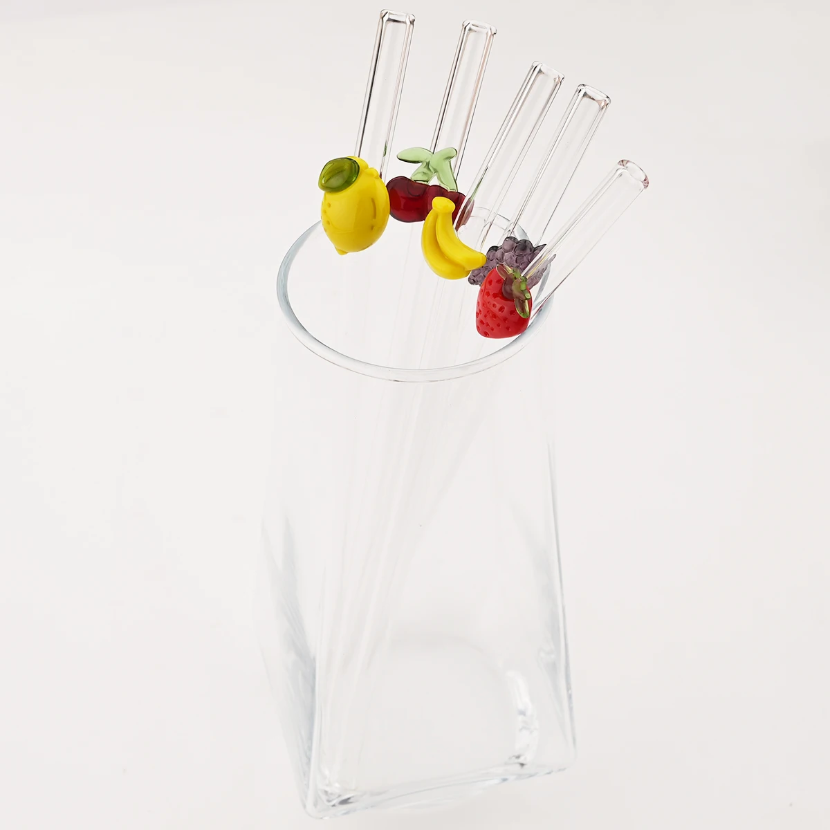 5pcs Fruit Creative Stickers Straw High Borosilicate Glass Straw Set Milk Tea Juice Cocktail Straw with Brush Bar Accessories