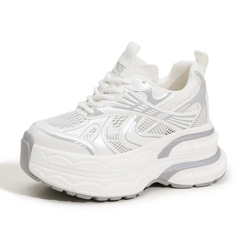 

Летние ботильоны из микрофибры с воздушной сеткой 10 см, полые массивные кроссовки, вулканизированные блестящие разноцветные женские туфли Fsahion