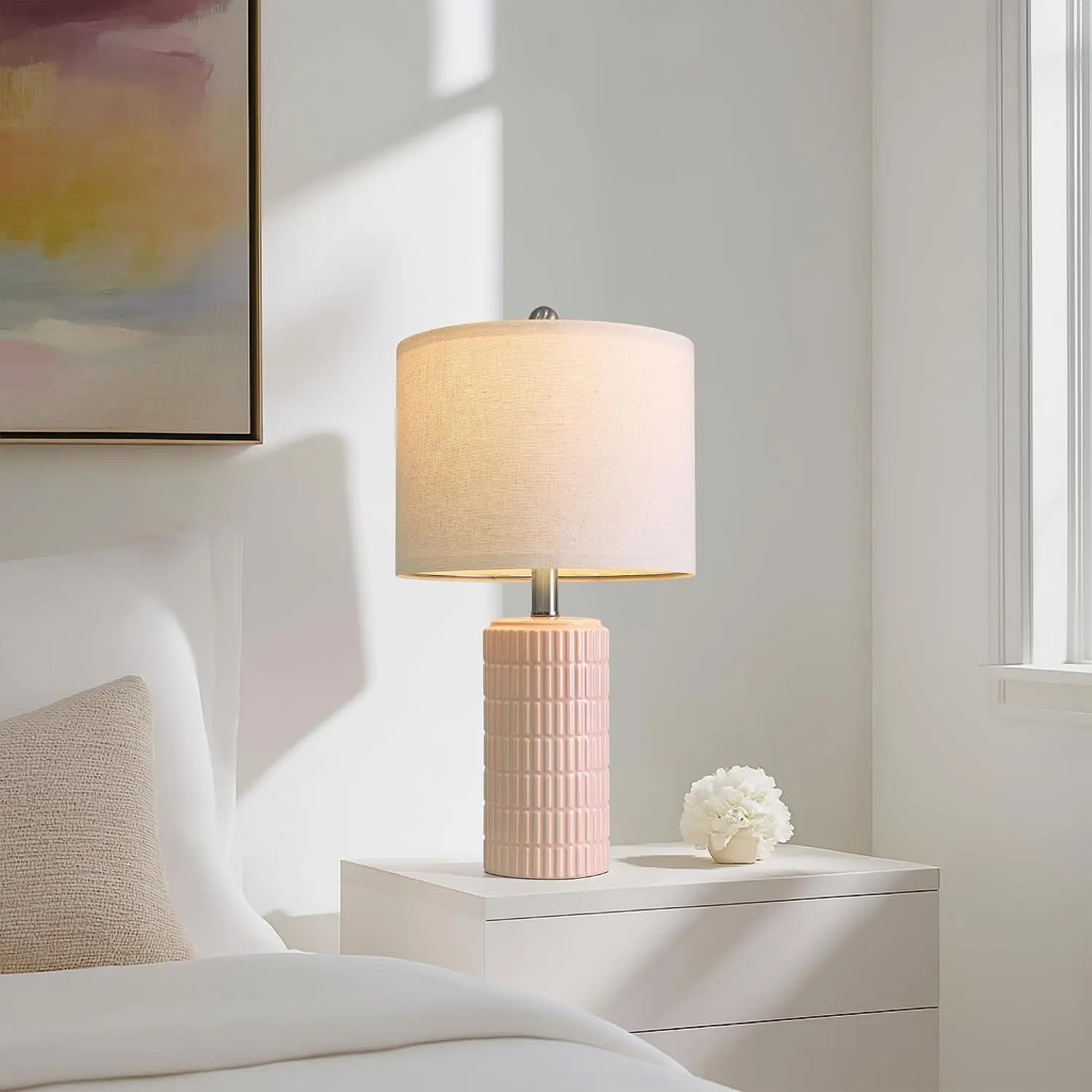 20.75" Pink Ceramic Table Lamps Set of 2, Small Modern Bedroom Lamps for Girls Room, Bedside Lamps for Night Stands view 5