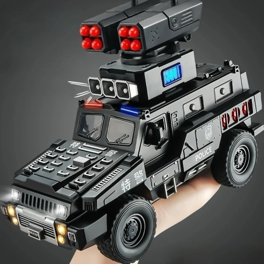 1:50 Alloy Armored Car Diecast Model Toy Sound Light Pull Back Doors Opened Miniature Missile Vehicle for Kid Boy Collection Fun