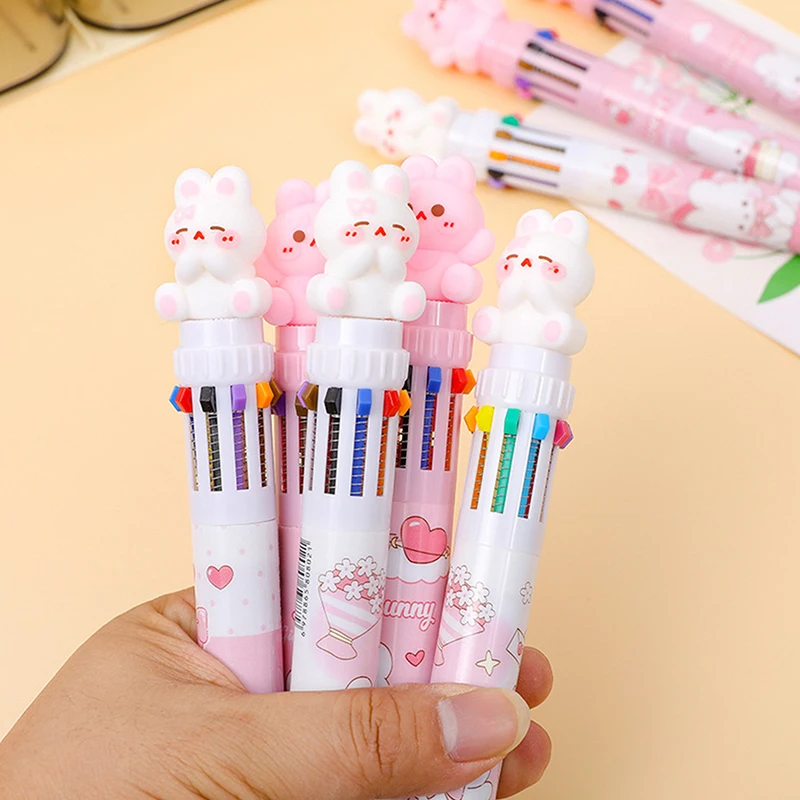 2Pcs Cartoon Rabbit Ten Color Ballpoint Pen Multicolor Signature Pens Creative Writing Smooth Pressing Neutral Pens Gifts