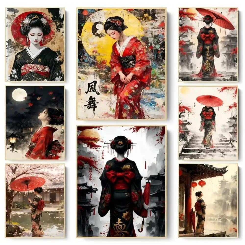 1pc Vintage Geisha Poster Sticker Print Waterproof Wall Art For Living Room Bedroom Home Decor