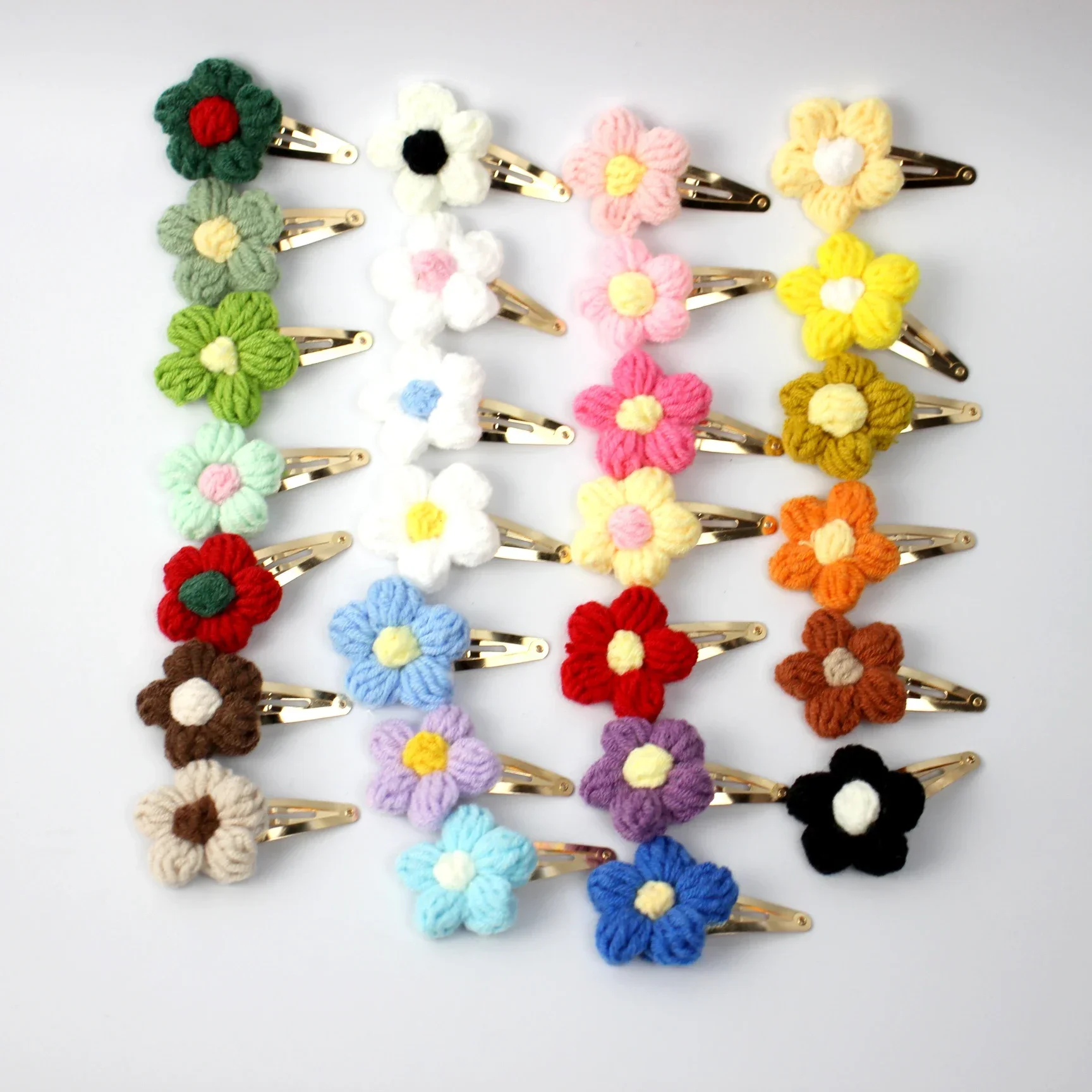 12pcs/lot Knitted Puff Flower BB Clip Children Crocheted Floral Hairpin Gold Barrettes Baby Headflower Girls Hair Accessories