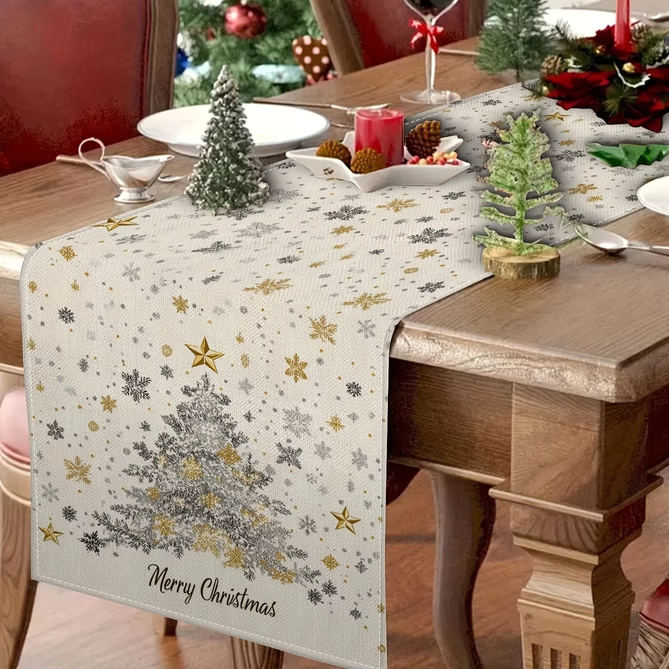 Elegant Christmas Table Runner | Santa Reindeer, Snowflakes & Stars with 