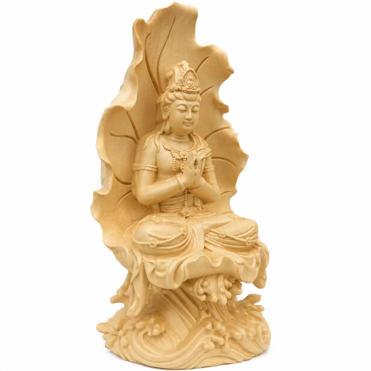 Hand Carved Hinoki Wood Lotus Leaf Guanyin Bodhisattva Statue for Traditional Chinese Zen Home Living Room Decor Gift