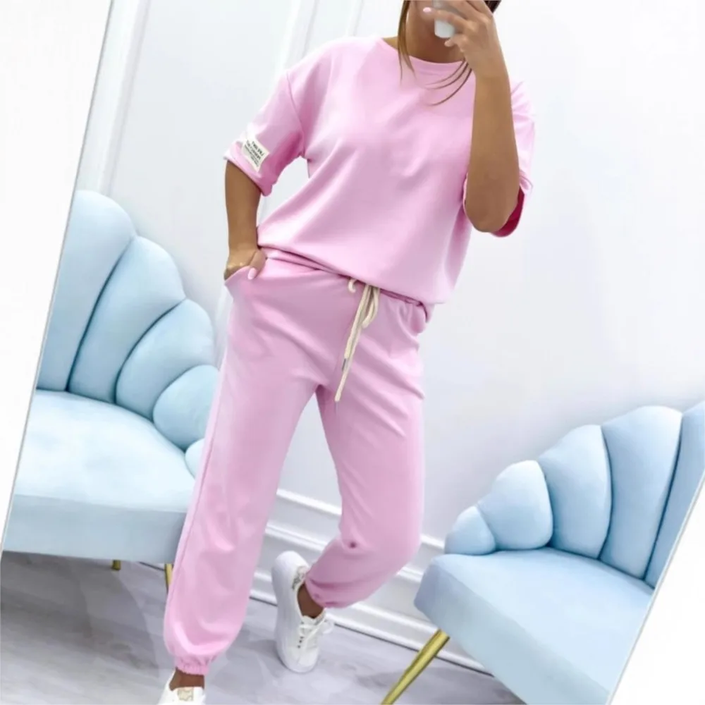 Feminino casual calças diárias conjunto 2025 verão moda em torno do pescoço de manga curta camiseta + calças com punho de renda conjunto de duas peças roupas esportivas