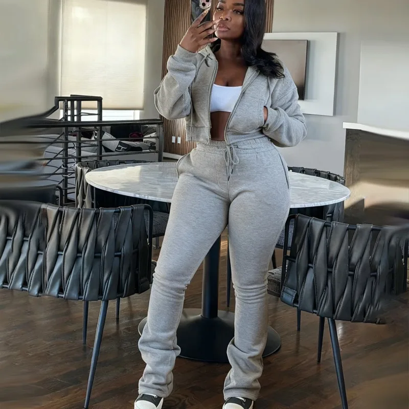 

Fleece 2 Piece Set Women Solid Tracksuits Long Sleeve Zipper Hooded Sweatshirts Coat Top + Drawstring High Waist Stacked Pants