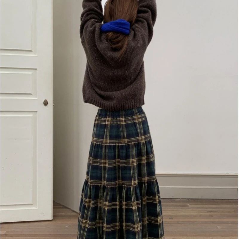 2025年ホットセール新作 カレッジスタイル バイカラー チェック柄 ゴムウエスト ケーキスカート レディース