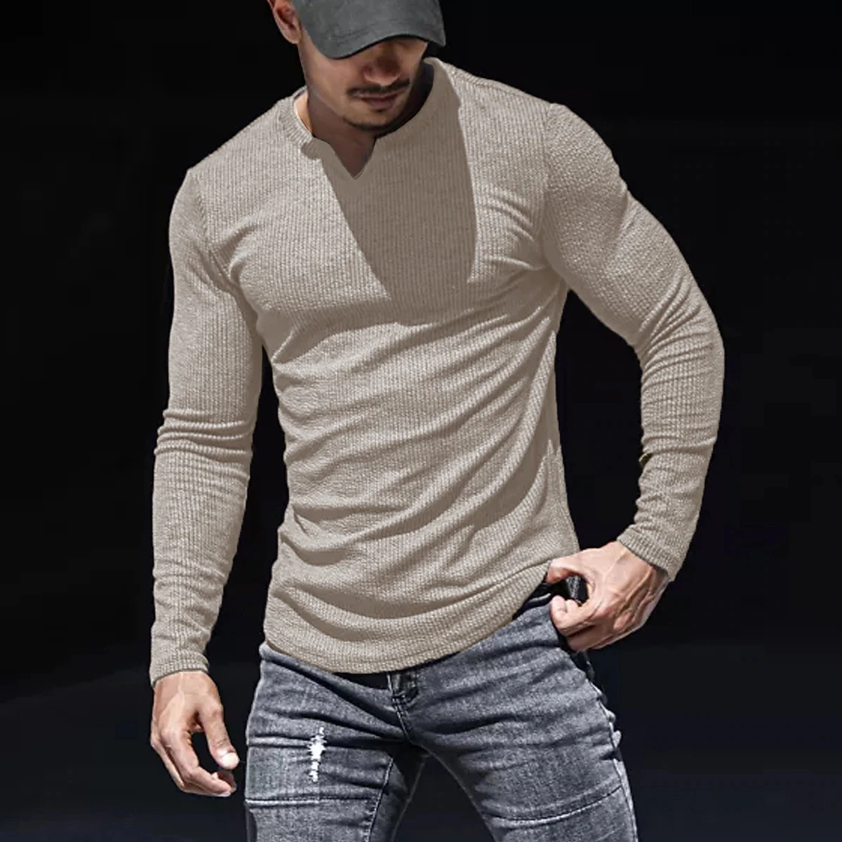 

Men Thin Fabric Ventilate Long Sleeve T-shirts V-Neck Solid Casual Spring Autumn Tees Men Shirt Loose Tops Streetwear Tee Shirt