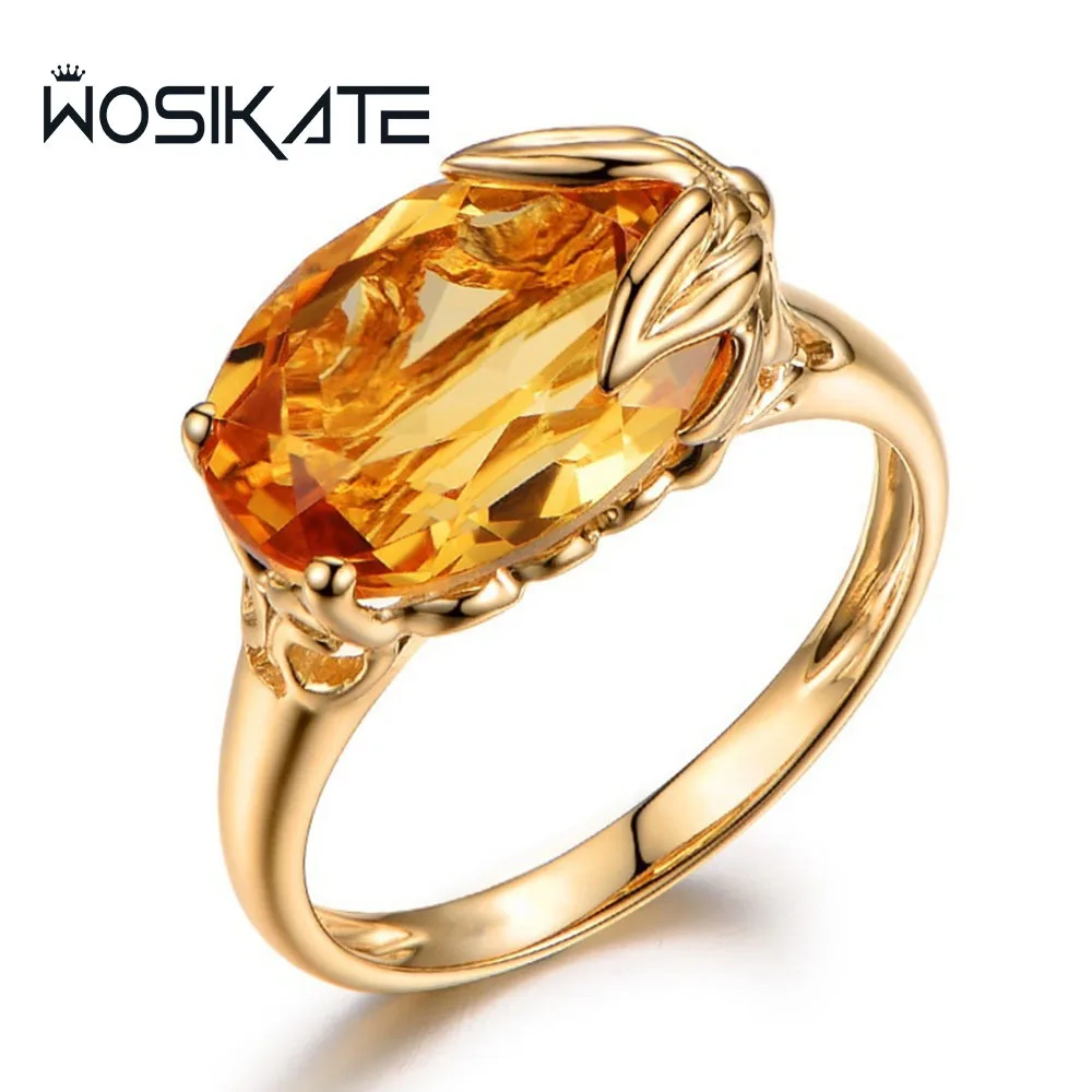 WOSIKATE Trendy Citrine Gemstone Gold Plated Ring For Women Fashion Jewellery Engagement Ring Gift Accessories