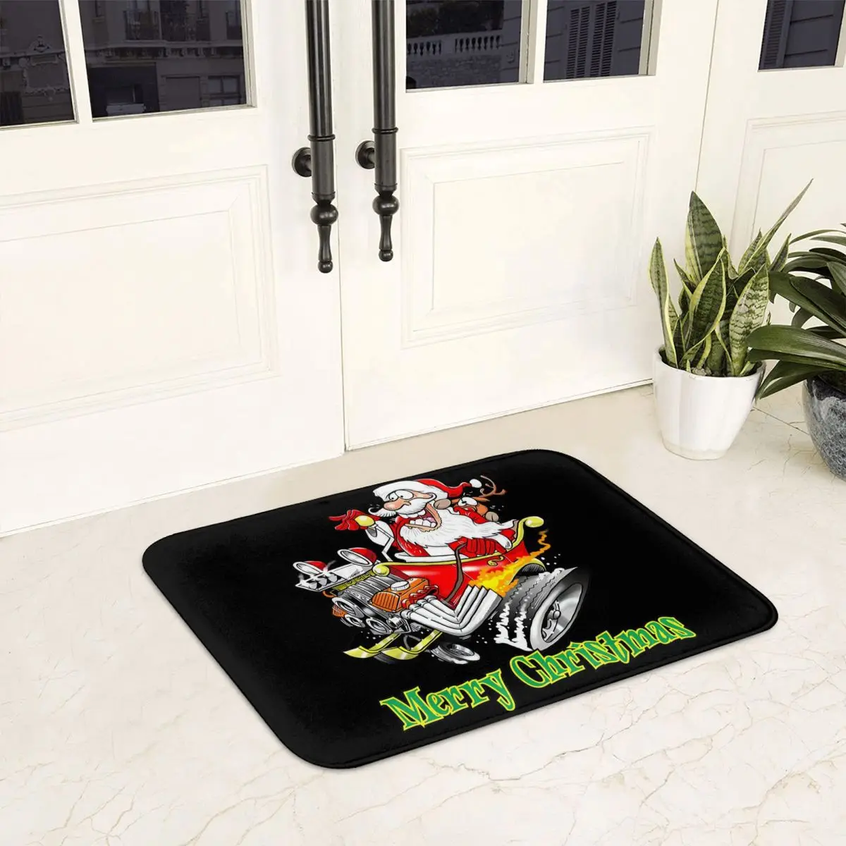 Santa Claus Hot Rod Sleigh Merry Christmas Doormat Non-slip Bath Mats Home Entrance Rugs Kitchen Bedroom Carpet Outdoor Footpad