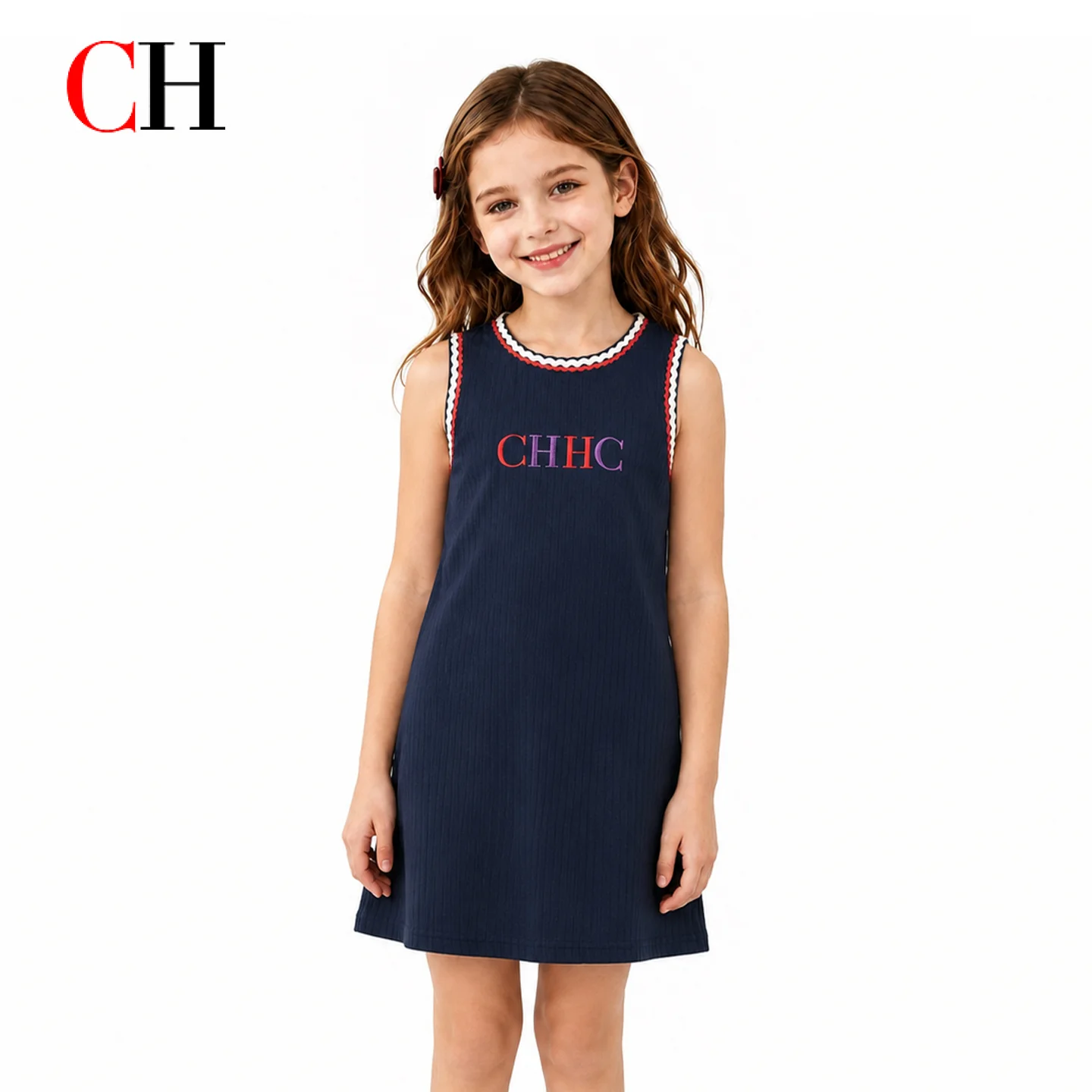 CH Girls Knit Dress Sleeveless A Line Dress Ribbed Texture Letter Embroidery Casual Cute Summer Party Wear