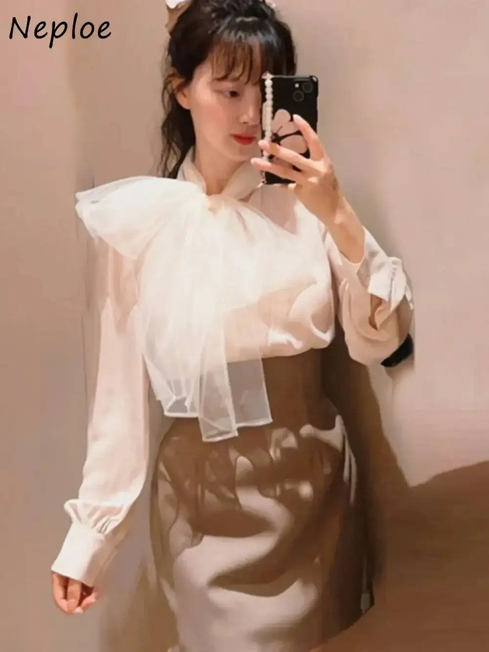 BabYoung Prachtige Verse Chiffon Trui Ropa Mujer Lantaarn Mouw Nieuwe Geavanceerde Ruches Blusa Japan Bow Lace Up Polka Dot Shirt