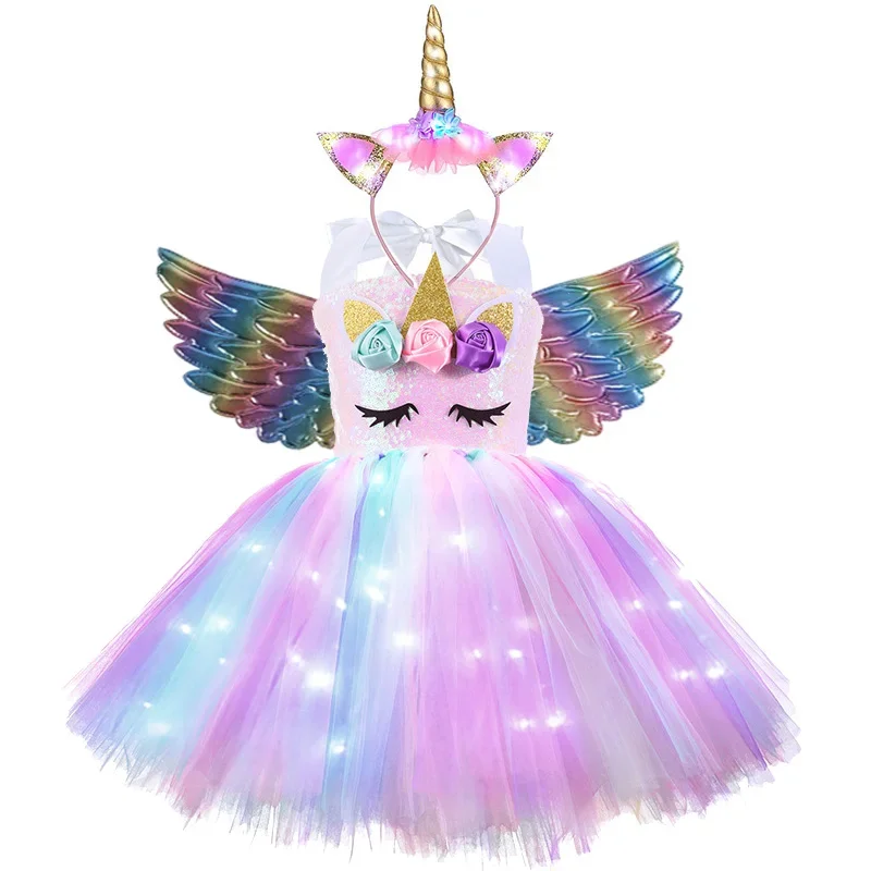 Evening unicorn dress LED light shiny flower girls costumes for birthday party Halloween cosplay costume kids Christmas clothing