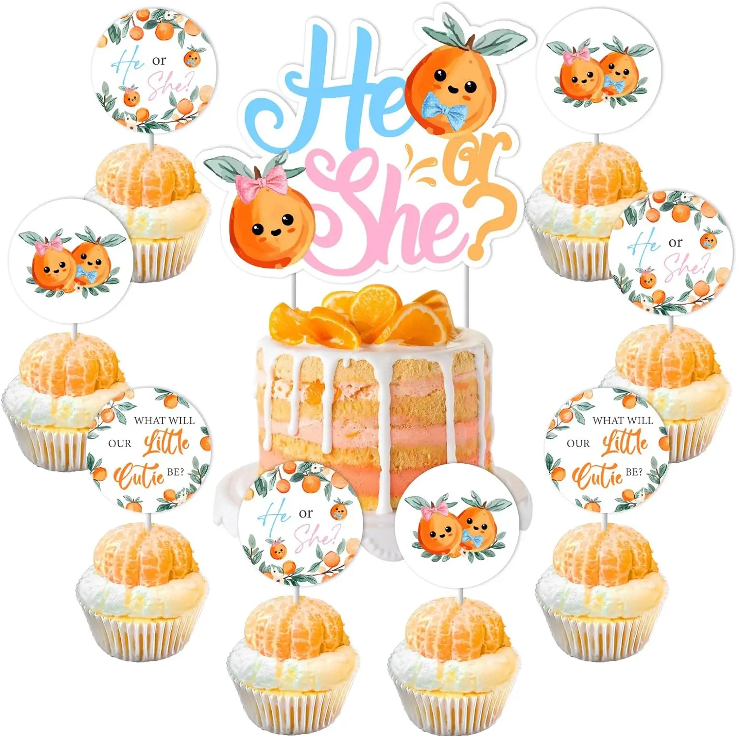 

What Will Our Little Cutie Be Double-Sided Cake Cupcake Toppers for He or She Boy Girls Gender Reveal Table Decorations