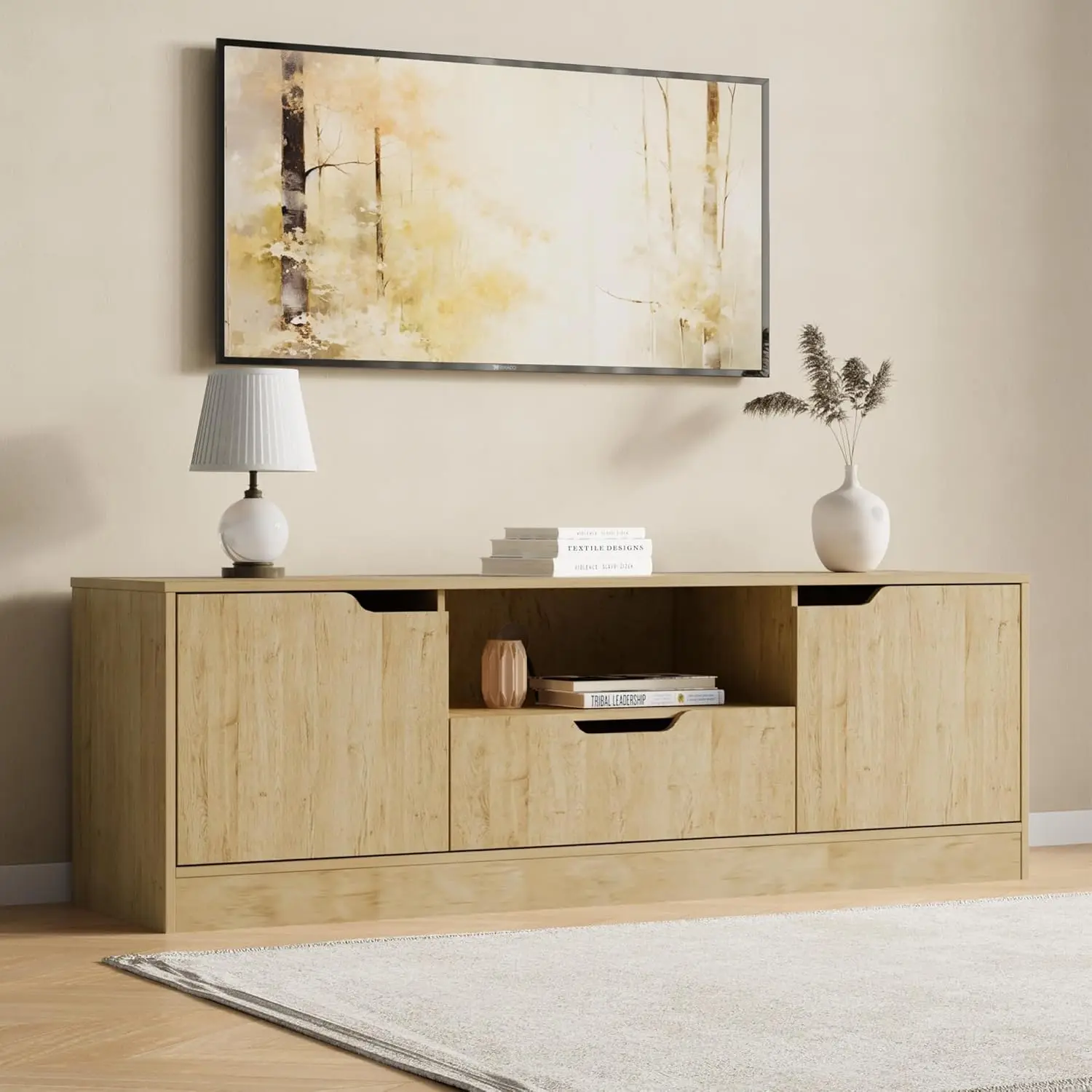 TV Stand 55/60/65 Inch Modern Media Cabinet Oak Entertainment Center 2 Doors & Drawer Console Storage Living Room Bedroom, Custo