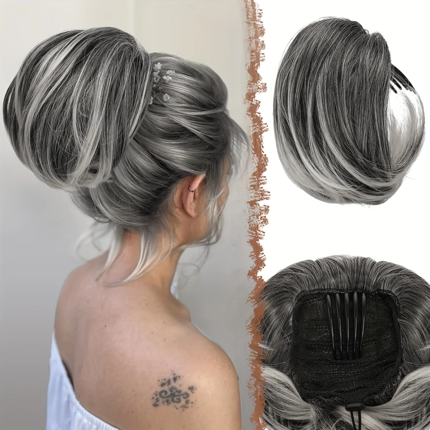 Silvery Grey Straight Hair Bun - Easy-to-Wear Drawstring Clip Ponytail Updo Hairpiece - Basics Style Synthetic Hair Extension