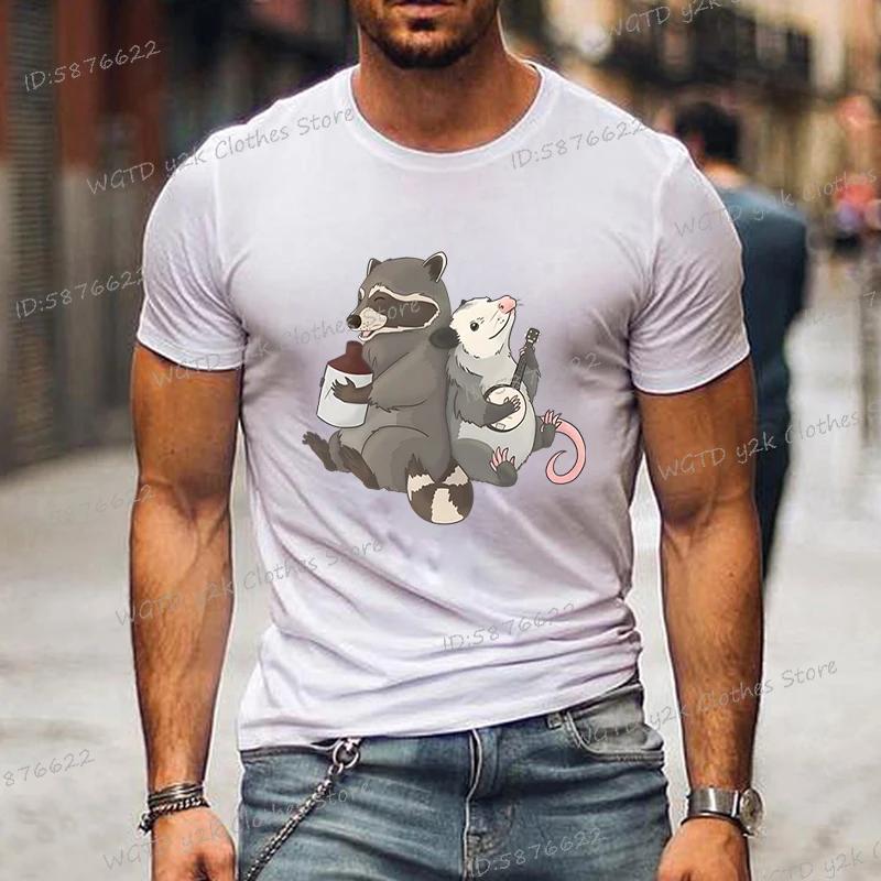 Opossum and Racoon Graphic T Shirts Men Cute Animal Lovers Gift Crew Neck T-shirts for Men Cartoon Racoon Fashion Casual Top Tee