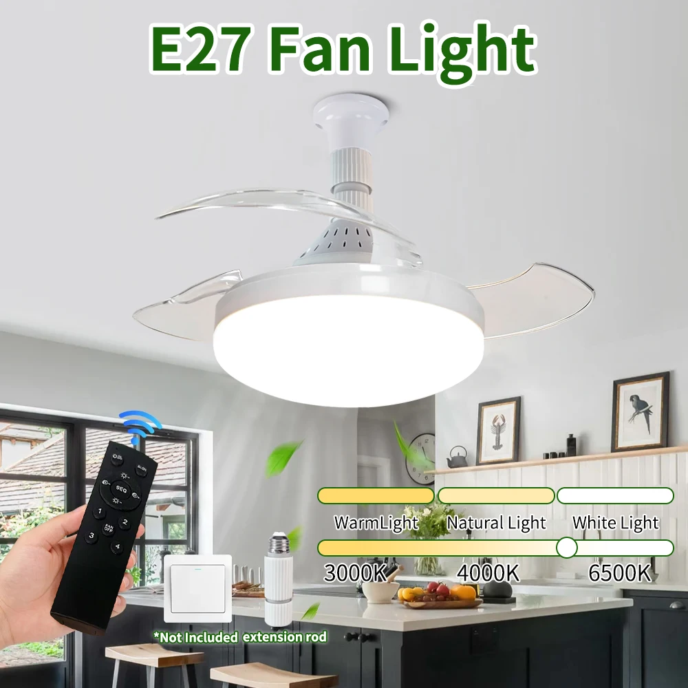 E27 Small Fan Light with Remote Control, 3-color Dimmable LED Bulb Fan with Socket Extender, Bedroom, Dining Room, Garage