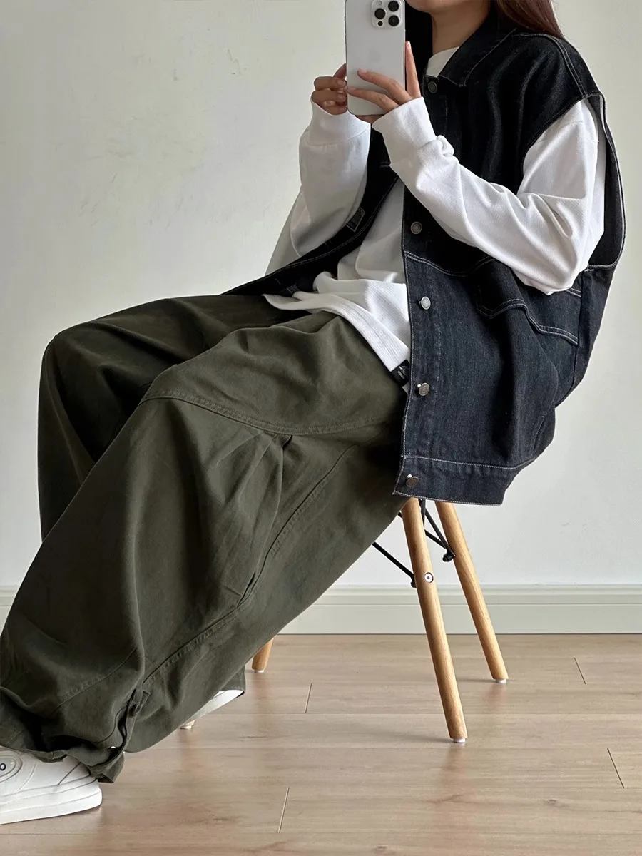 Spring Summer New Wide Leg Pleated Workwear Trousers Loose Casual American Retro Unisex Pure Color Match All Japanese Style