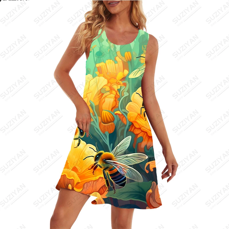 Female Bee Picking Honey Printed Patterns Dress Stylish Comfortable Dress Sleeveless Pullover Dress Summer Loose Casual Dress