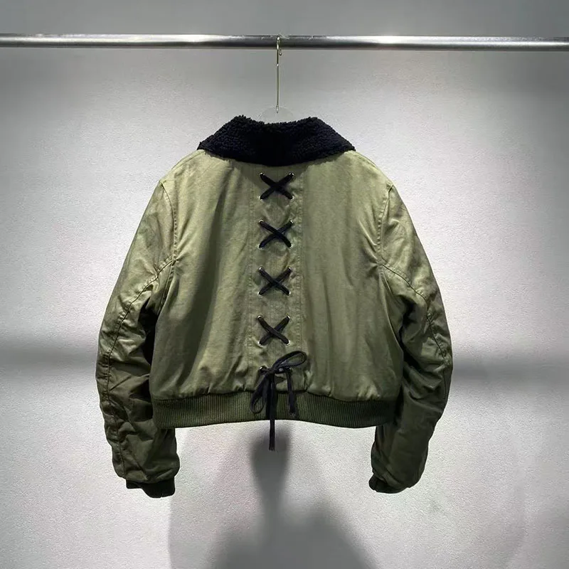Women's Contrast-Color Wool-Collar Cotton Jacket Stylish Casual Short-Length Warm Jacket Back Tie-Detail Top 2025 New Arrival