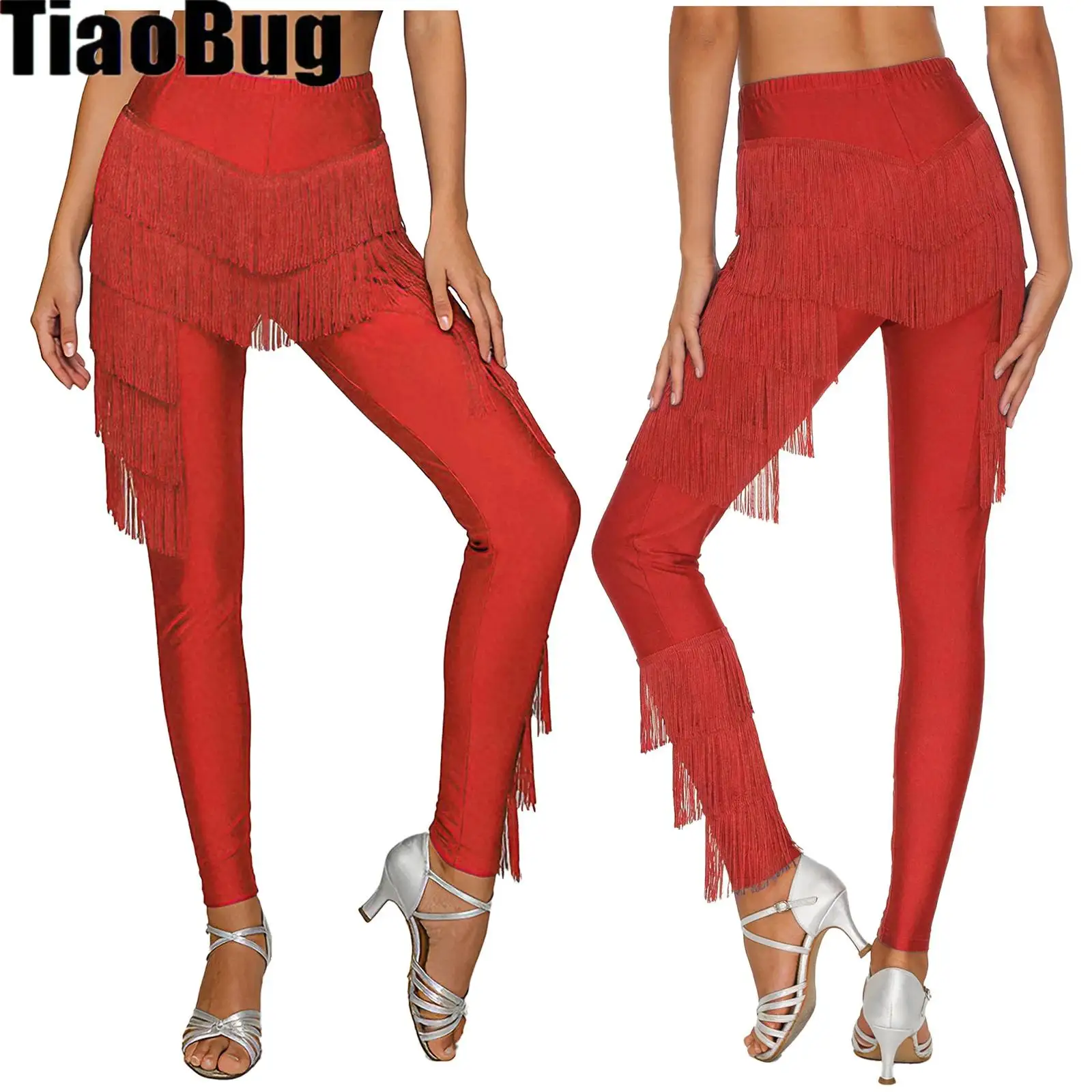 

Женские длинные брюки с бахромой для латинских танцев, леггинсы с эластичным поясом и кисточками, брюки, танцевальный костюм для танго-ча