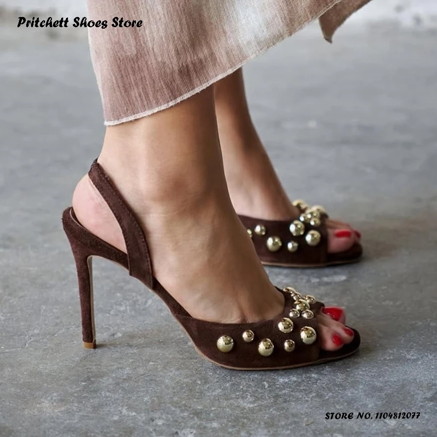 

Женские замшевые сандалии с заклепками на пятке, весна-лето, офисные туфли без шнуровки, круглые туфли с открытым носком на тонком каблуке, однотонные туфли на шпильке больших размеров