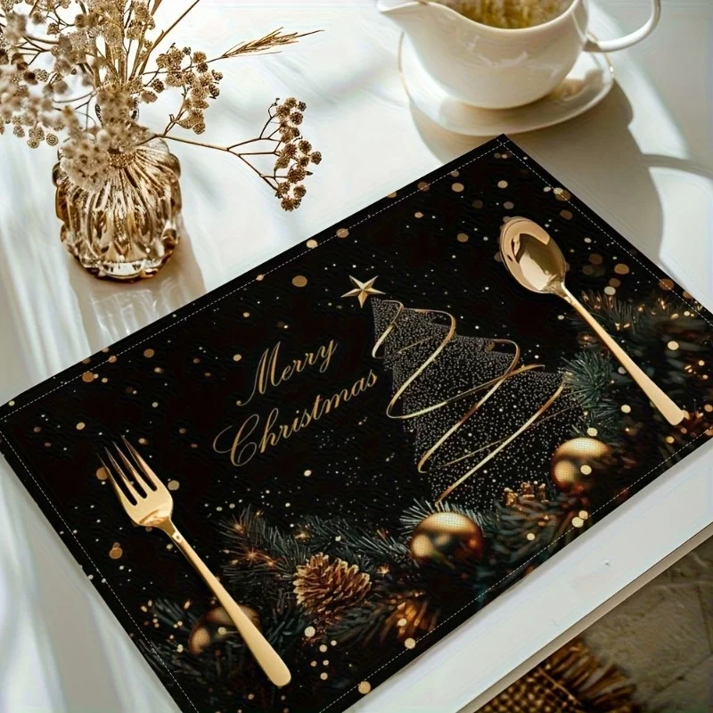 Luxury Golden Xmas Placemat, Black Background Dining Mat, Heat Resistant Christmas Home Decor