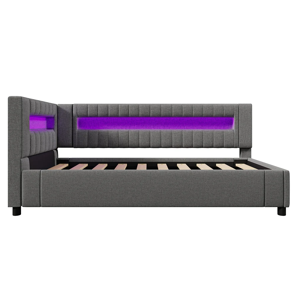 KOMHTOM Daybed Slaapbank 90x200 cm met LED-lichtbalk hydraulische opbergruimte USB + TYPE-C Connectors Linnen Zonder Matras