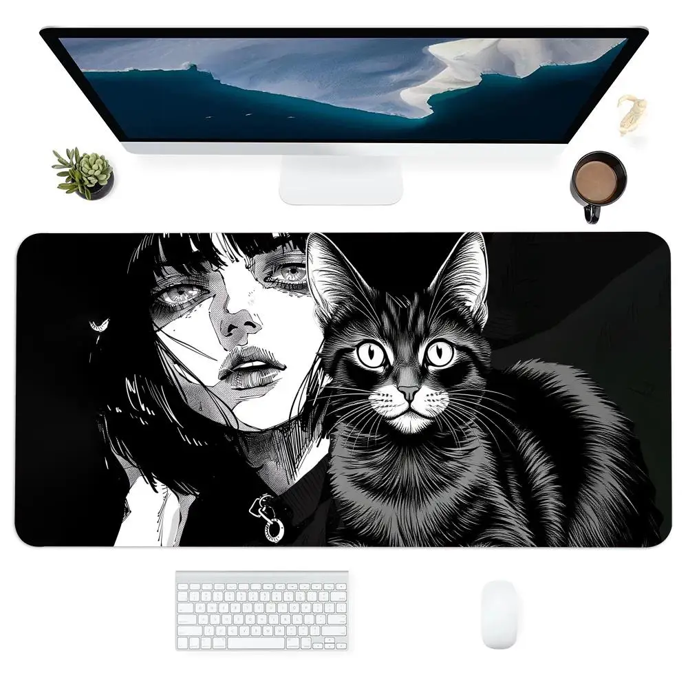 

white and black girl and cat Art Mausepad Mouse Pad Large Gaming Non-slip Mousepads Table Cushion Laptop Tablet Mat PC Playmat