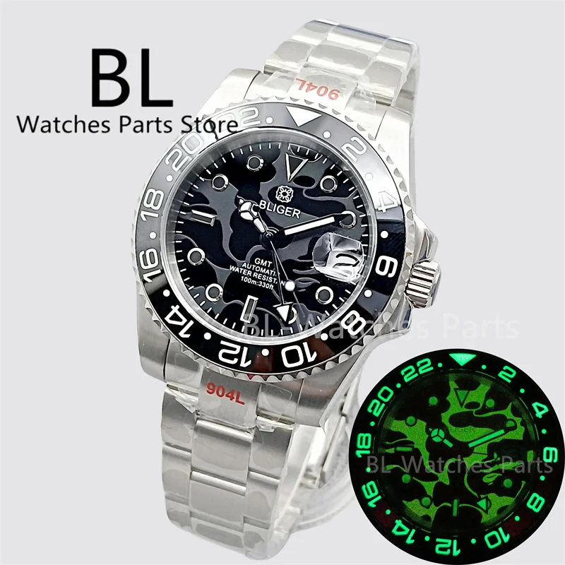 BLIGER 40mm GMT Watch Camo Print Dial Black Blue Full Glow Green Luminous Ceramic Bezel NH34 Automatic Sapphire Glass Waterproof