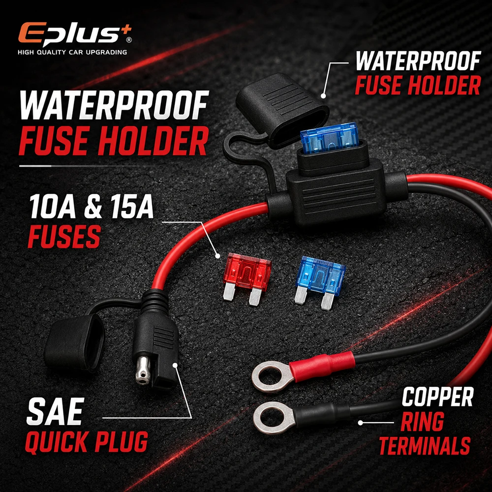 Eplus 10-18AWG 60cm Battery Connection Harness SAE to O Ring Terminal with Built-in Fuse Block for 12V 24V Vehicle & Boat view 3
