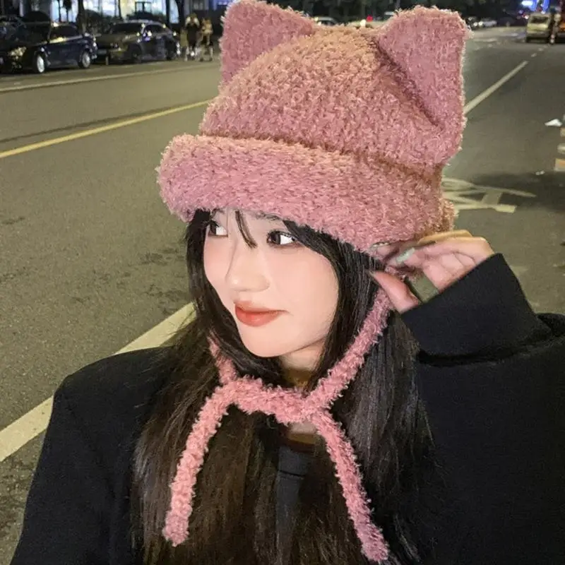 

652F Adult Knit Windproof Ear Hat Students Outdoor Cycling Skiing Hat Lovely Cold Winter Keep Warm Hat for Couple