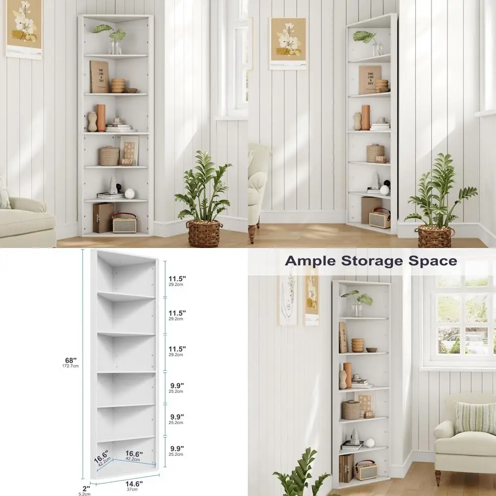 رف كتب زاوية طويل القامة مكون من 6 طبقات قابل للتعديل - 68 رف تخزين للعرض قائم بذاته لمساحات المعيشة #1