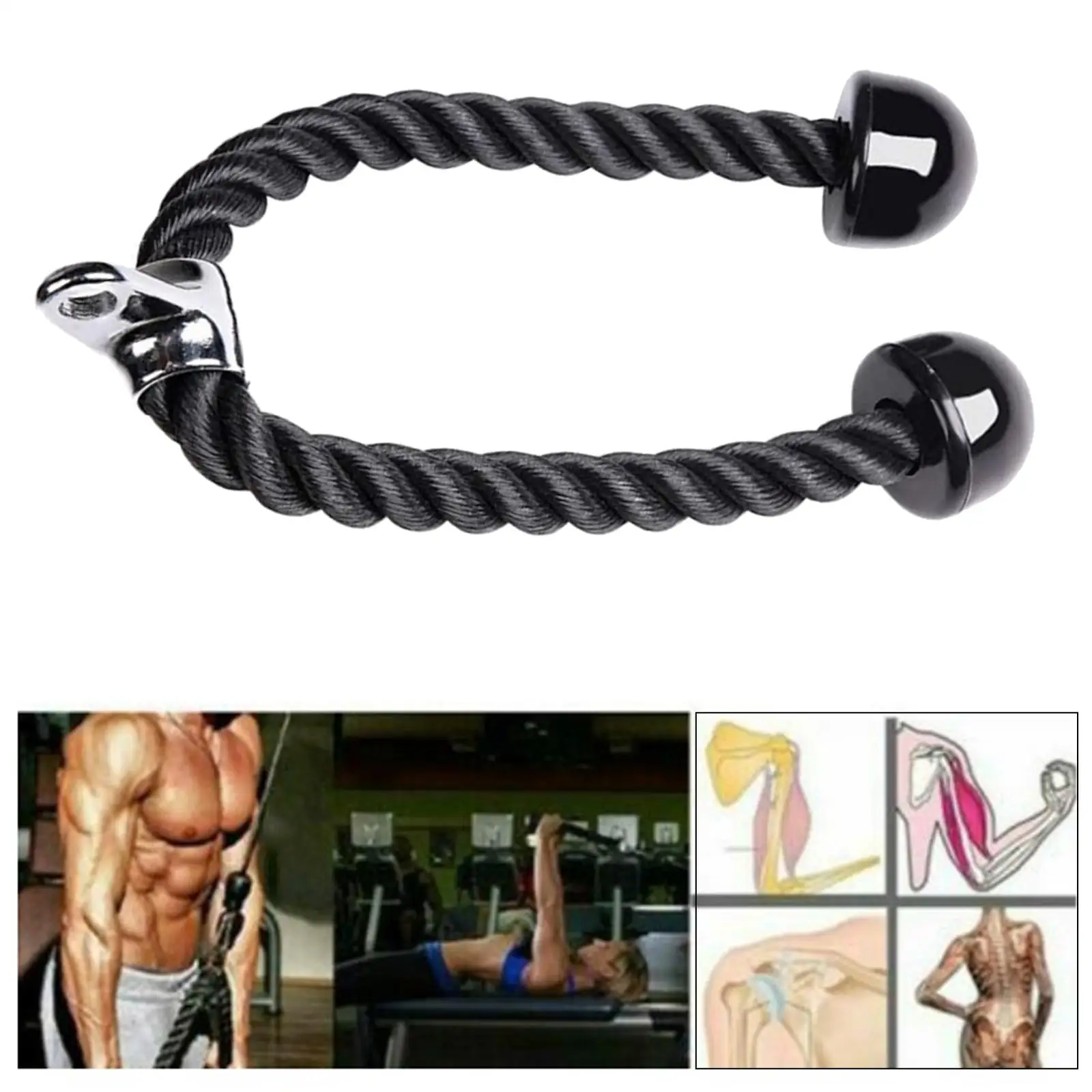 70cm Heavy Duty Triceps Rope LAT Pulley Cable Machine Attachment Building Gym Pull Down Rope Handle with Steel Buckle