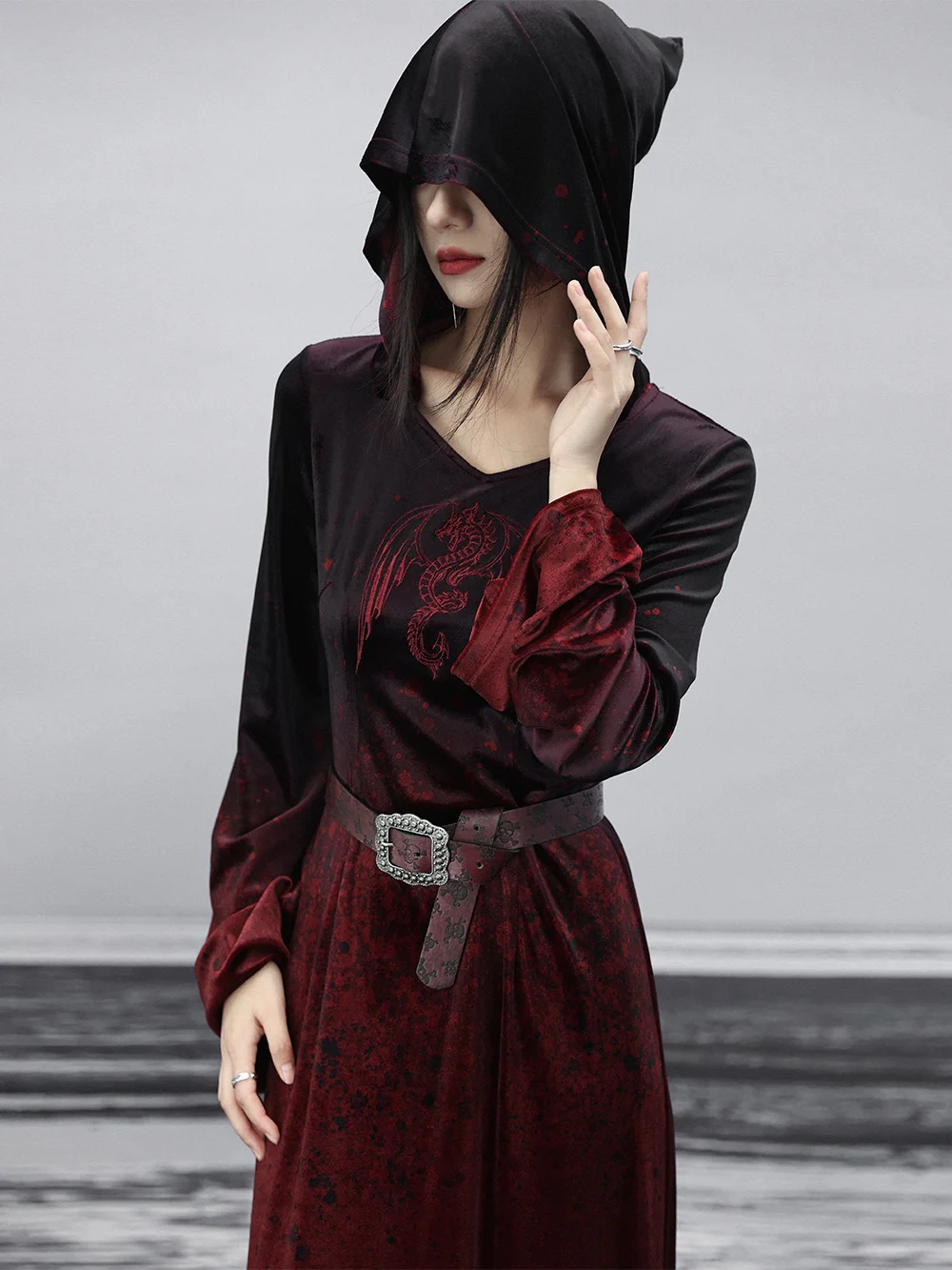 Dark Pattern Embroidered Dress Women's Winter New Romantic Hooded Gradient Printing Velvet Long