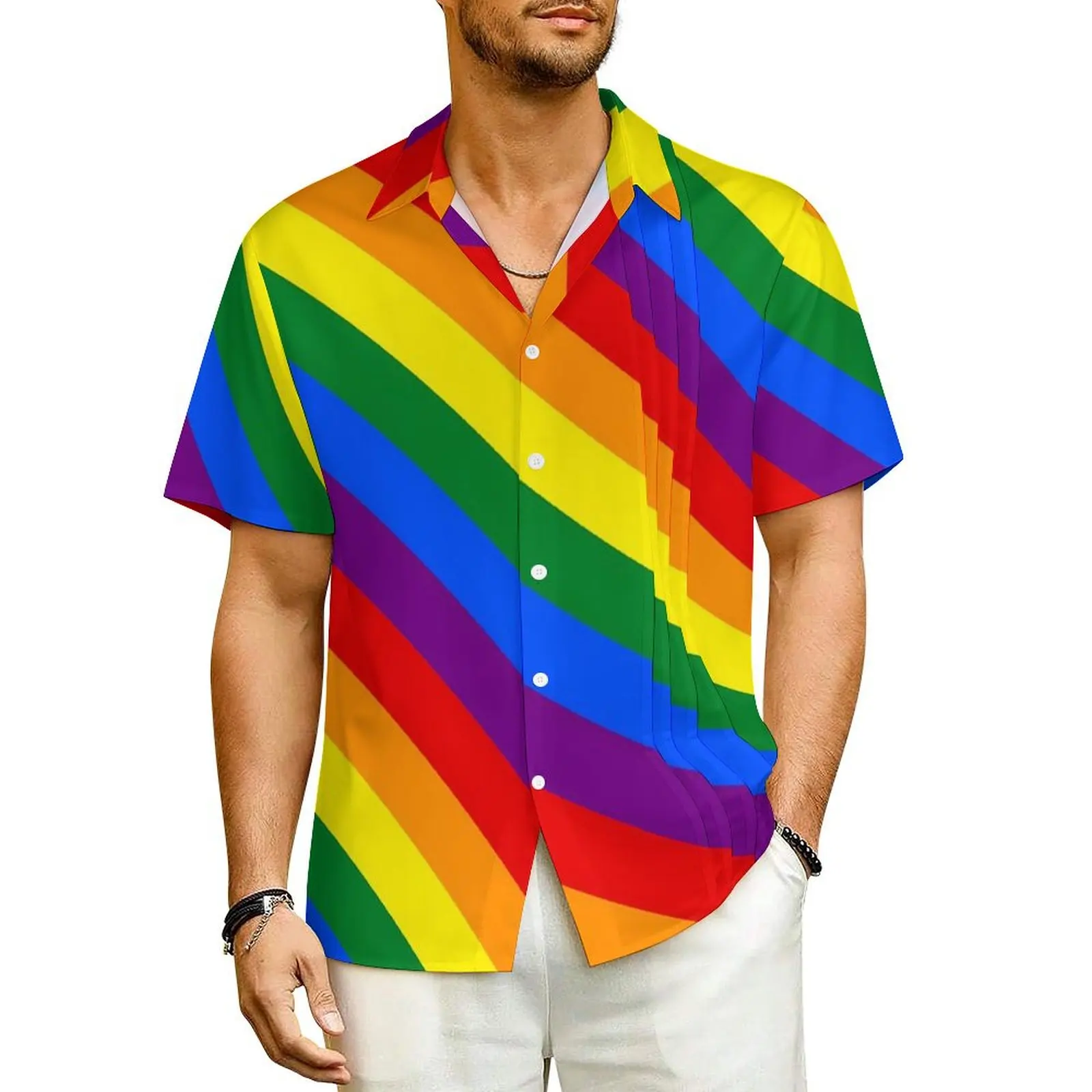 

LGBT Rainbow Gay Pride Flag Vacation Shirt Men Stripes Vintage Casual Shirts Summer Short Sleeve Harajuku Oversized Blouses Gift