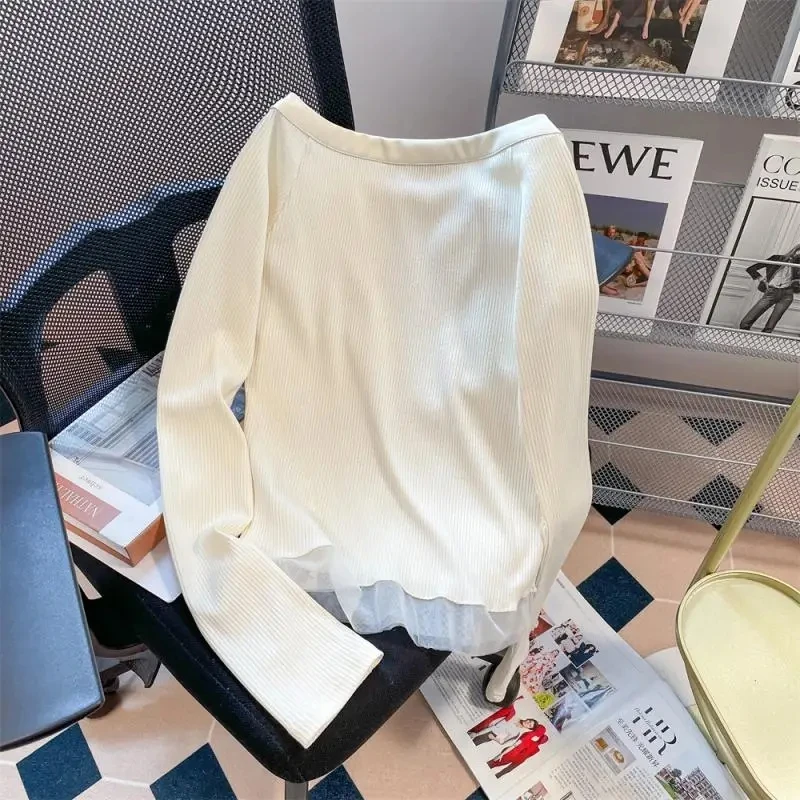 2025 Women’s Off Shoulder Lace Patchwork Tops Long Sleeve Music Note Print Slim Fitted T-Shirt Ruffle Blouse