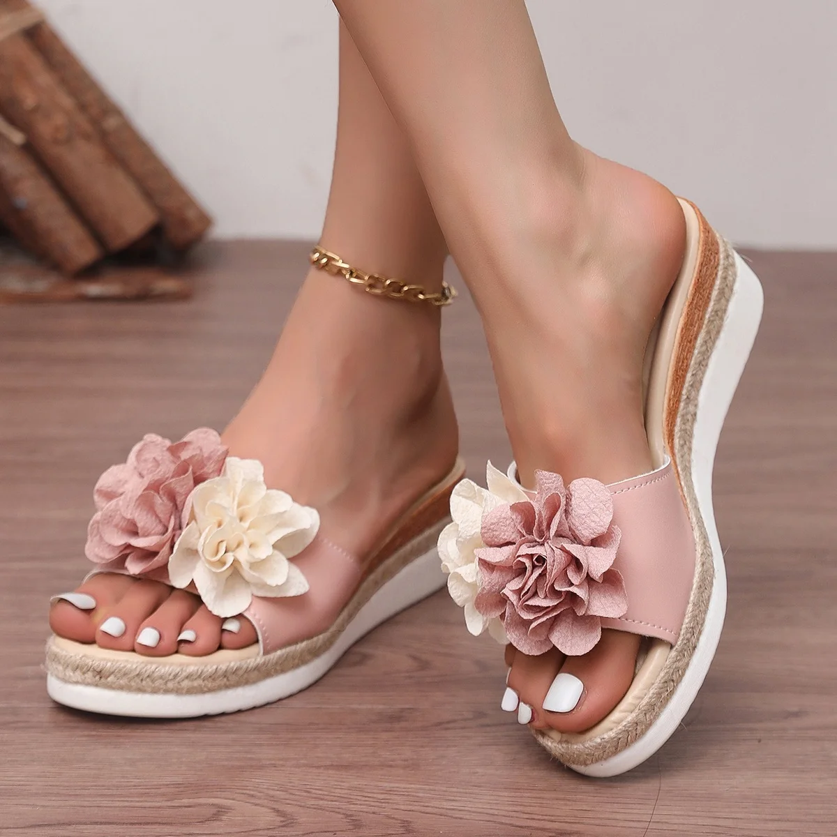 Rosa Blumen-Keilabsatz-Sandalen für Damen, Sommer-Plateausandalen mit Dicker Sohle, Leichte Damenschuhe in Übergrößen bis 43, Elegante Mules