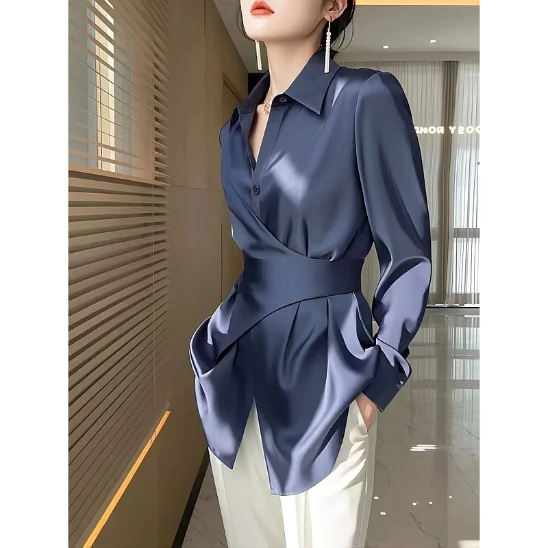 French Temperament and Frigidity Are Unique and Unique Small Tops, Blue Satin Waist-hugging Shirts for Women