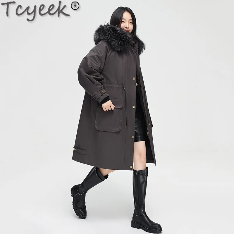 Tcyeek Womens Fur Coat New 2023 Winter Warm Detachable Rex Rabbit Fur Liner Jacket Women Clothing Raccoon Fur Collar Parka Loose