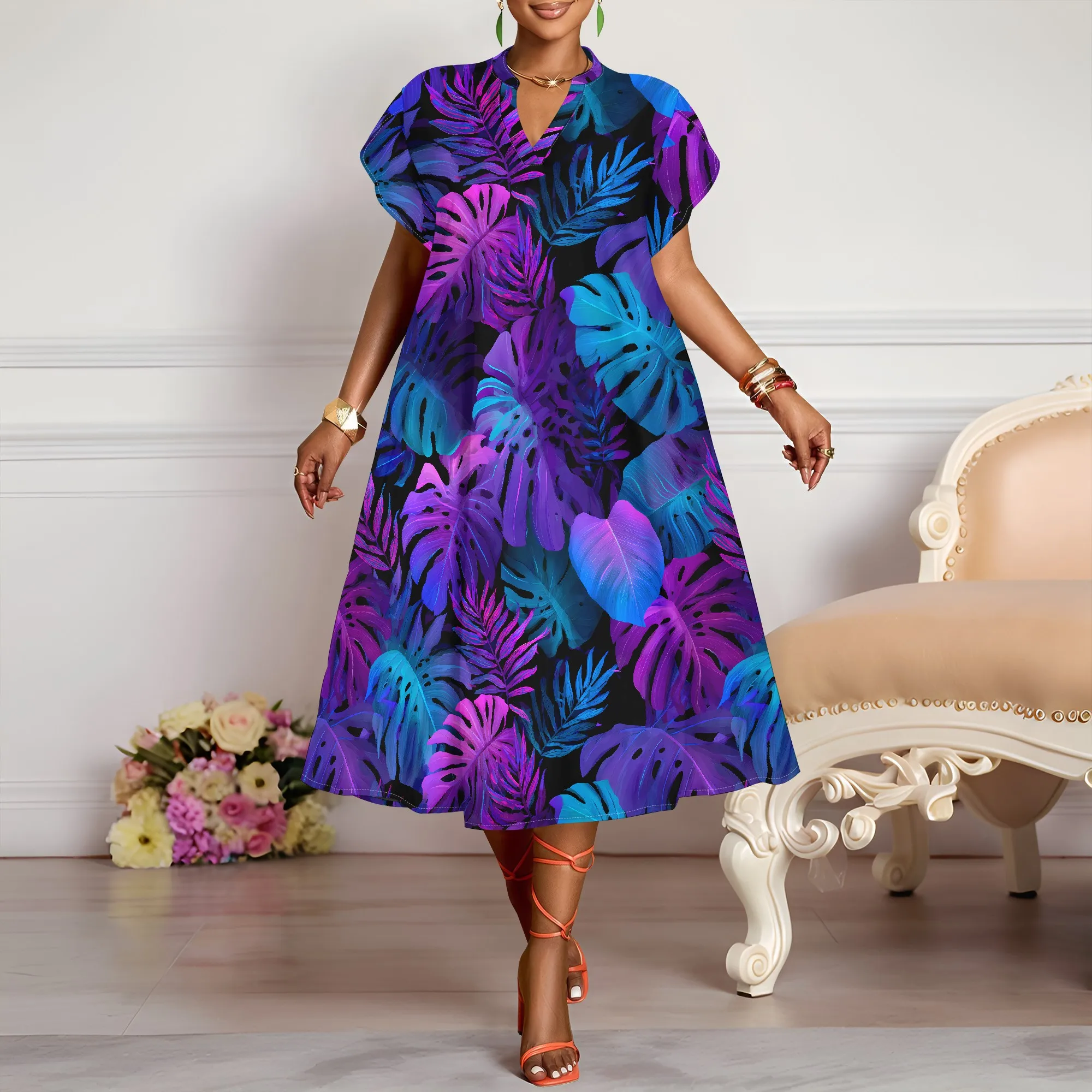 Tropical Print V-Neck Dress, Purple Leaf Pattern Midi Dress, Short Sleeve Summer Wear, Casual Vacation Outfit for Women, XS-3XL